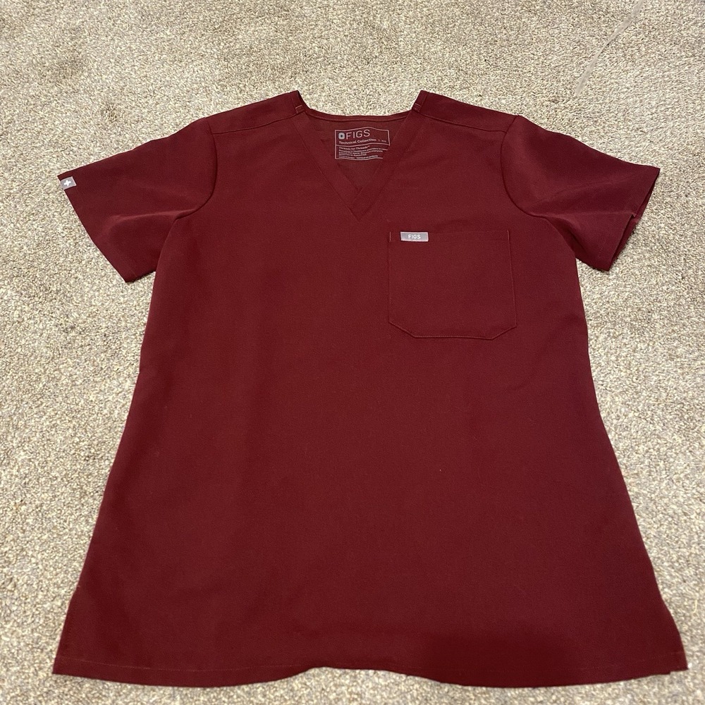 Figs Women XS V-Neck Scrub Top Pocket Burgundy Medical